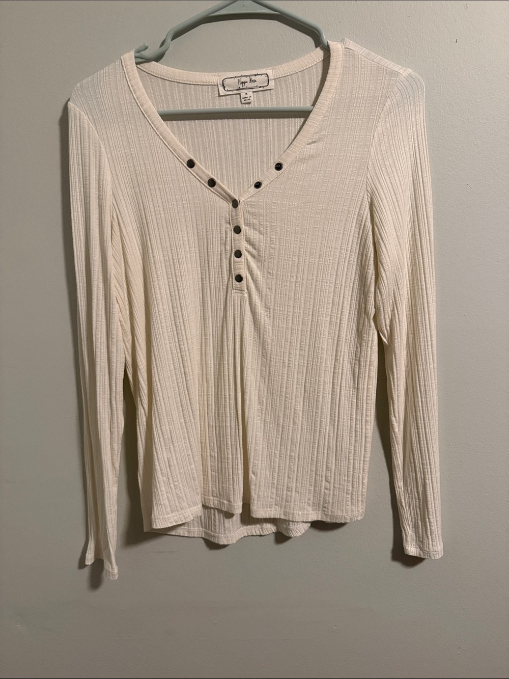 Hippie Rose Ribbed V-Neck Long Sleeve Top - Cream